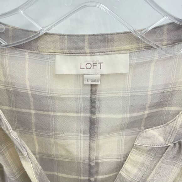 LOFT Womens Button Down Blouse Windowpane Lightweight Long Sleeve Beige Small - Picture 11 of 12
